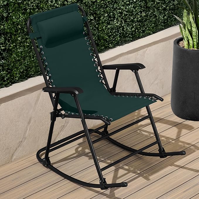 Best Choice Products Outdoor Folding Rocking Chair, Zero Gravity Lounge Chair, Patio Rocker w/Headrest Pillow - Forest Green