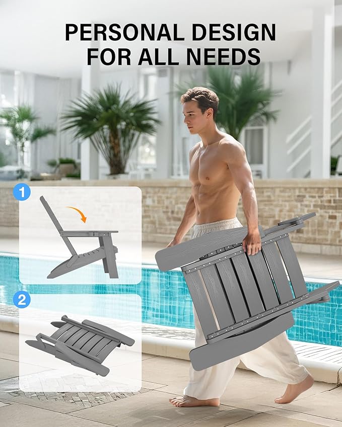 YEFU Adirondack Chair, Folding Adirondack Chairs Set of 4 with Arc Back & Cup Holder, Weather Resistant Plastic Oversized Chair for Outdoor Patio Lawn Garden Backyard Deck Fire Pit, Grey