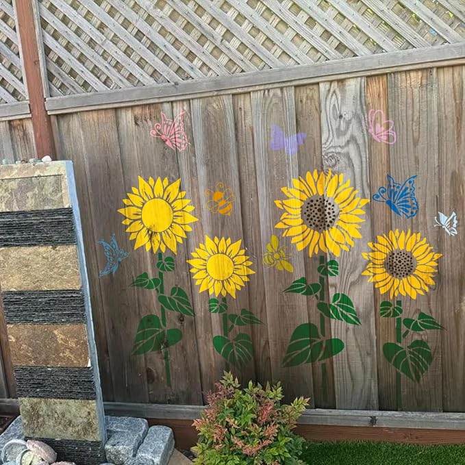 Large Sunflower Flower Stencils for Painting Garden Fence - Sunflower Floral Stencil Templates for Wood Furniture, Wall Mural