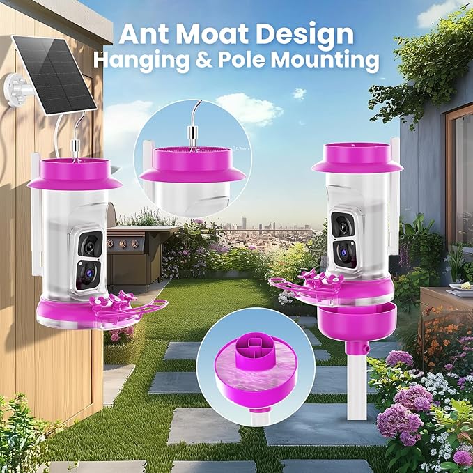 Soliom Hummingbird Feeder with Camera, Smart Feeder Camera Solar Powered with 2K Live View AI Identify, Leak Proof & Ant Moat & Bee Proof, Outdoor Pole/Hook Hanging, 16 OZ Ideal Gifts for Family-Pink