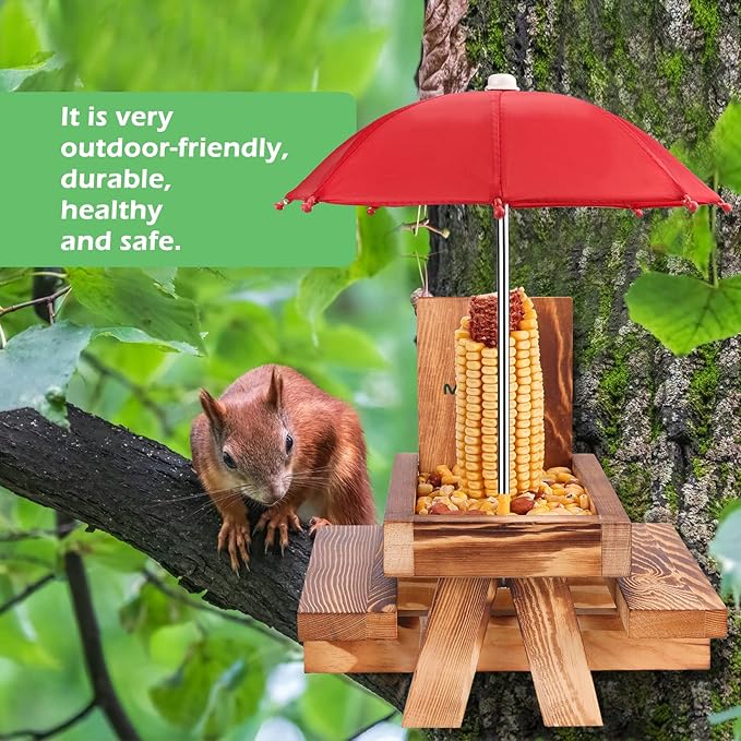 MIXXIDEA Squirrel Feeder Picnic Table with Tall Umbrella, Wooden Squirrel Feeders for Outside, Cute Chipmunk Feeder with Corn Cob Holder, Solid Structure, Thick Wood (Rustic Brown Red Umbrella)