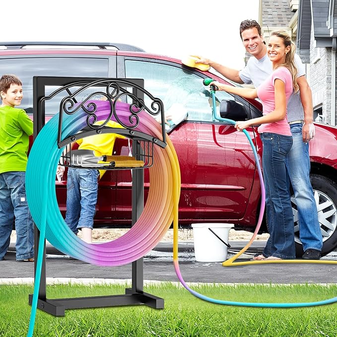 Garden Hose Holder, Metal Water Hose Holder with Storage Basket, Heavy Duty 4 Spikes Hose Hanger Holds 150 Feet Hoses, Freestanding Hose Storage Reel Rack for Outdoor Yard Lawn