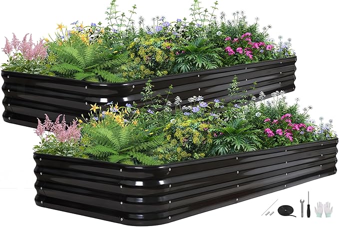 6 in 1 Galvanized Raised Garden Bed - 8x3x1ft (2Packs) Modular Planter Box Outdoor | Metal Raised Bed Kit with Bracing Rods for Gardening Vegetables Flowers Fruits Herbs (Dark Grey)