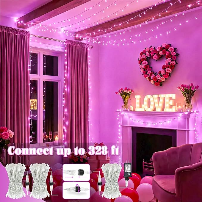 66FT 200 LED Outdoor String Lights, Connectable Pink Valentines Lights Waterproof with 8 Modes, Plug in Twinkle Fairy Lights Clear Wire for Indoor Bedroom Home Wedding Patio Patry Decorations
