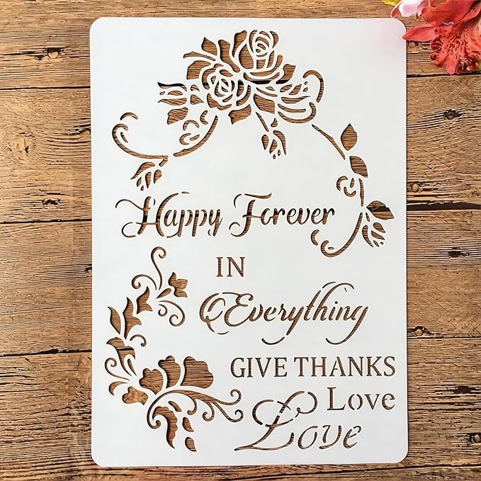 TIAMECH A4 Reusable Happy Forever Stencil for Painting - Flower Love Layering Template, DIY Wall Art, Wood Furniture, Scrapbook & Crafts (8.3x11.7inch)