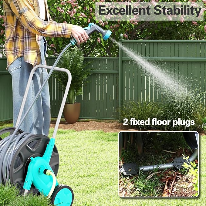 Portable Garden Hose Reel Cart, Hold Up to 100-120 Ft of 5/8 Inch Hose,Metal Garden Water Pipe Holders Mobile Tools with 2 Wheels for Outside Hose Storage