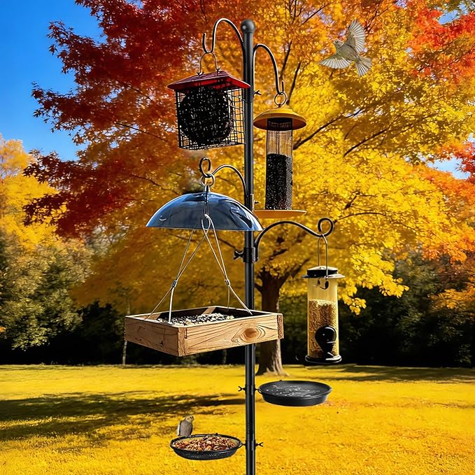 Bird Feeder Pole, Bird Feeding Station 88 Inch Shepherds Hooks for Outdoor Heavy Duty 1 Inch Dia Humming Birds Feeder Stand Hanger Post with 4 Hooks, Water Bowl and Birds Seed Tray