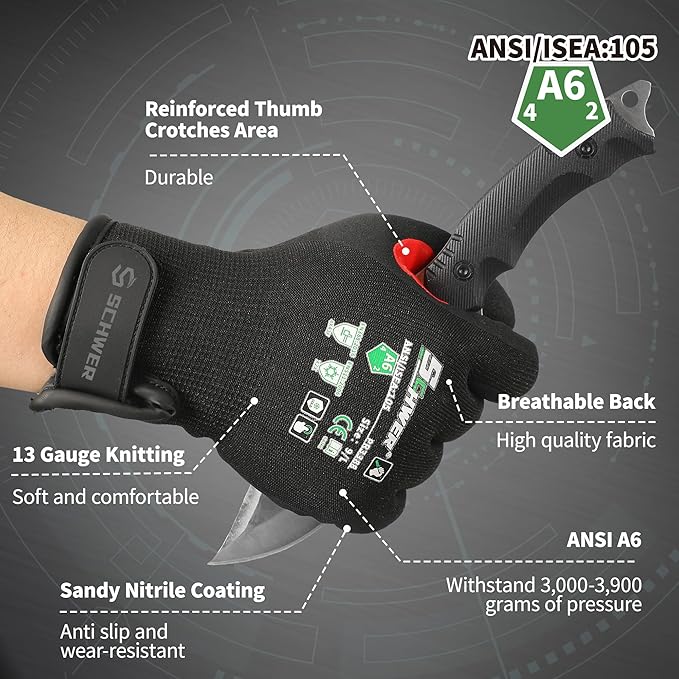 FreezeGuard Winter Work Gloves for Men and Women, ANSI A6 Cut Resistant Gloves With Super Grip, Freezer Glove for Work, Touchscreen, Thermal Insulated, PR3388, Non PFAS, Black Knight (L, 1 Pair)