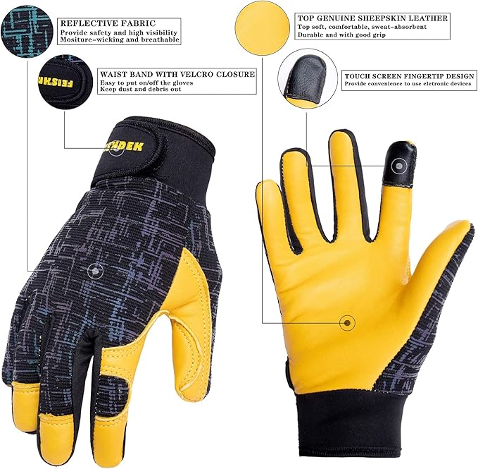 Kids Genuine Leather Work Gloves, Safety Gloves, Touch Screen, Reflective, Breathable Design, for Children Age 2-12