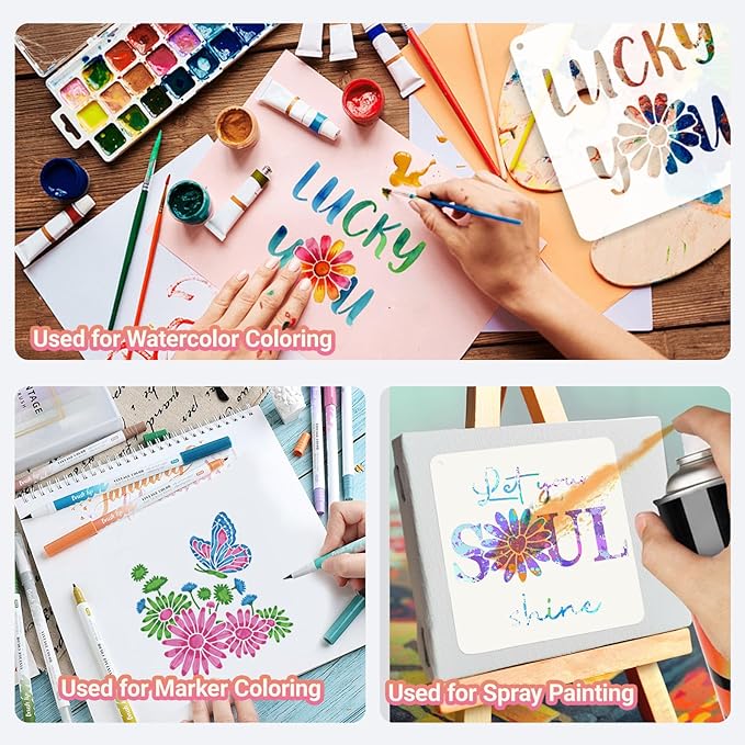 25 PCS Daisy Stencils for Painting, Stencils for Crafts Reusable 6 x 6 Inch Floral Quote Templates for Wood Signs Journals Cards and Cheerful Decor