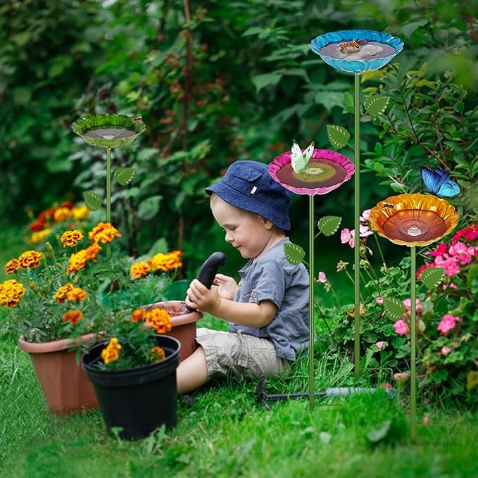 Bee Watering Station | 4 Pack Bee Baths for Garden | Metal Flowers Decorative Garden Stakes | Butterfly Feeder for Outside Garden Yard Decor (Red,Green,Blue,Yellow)