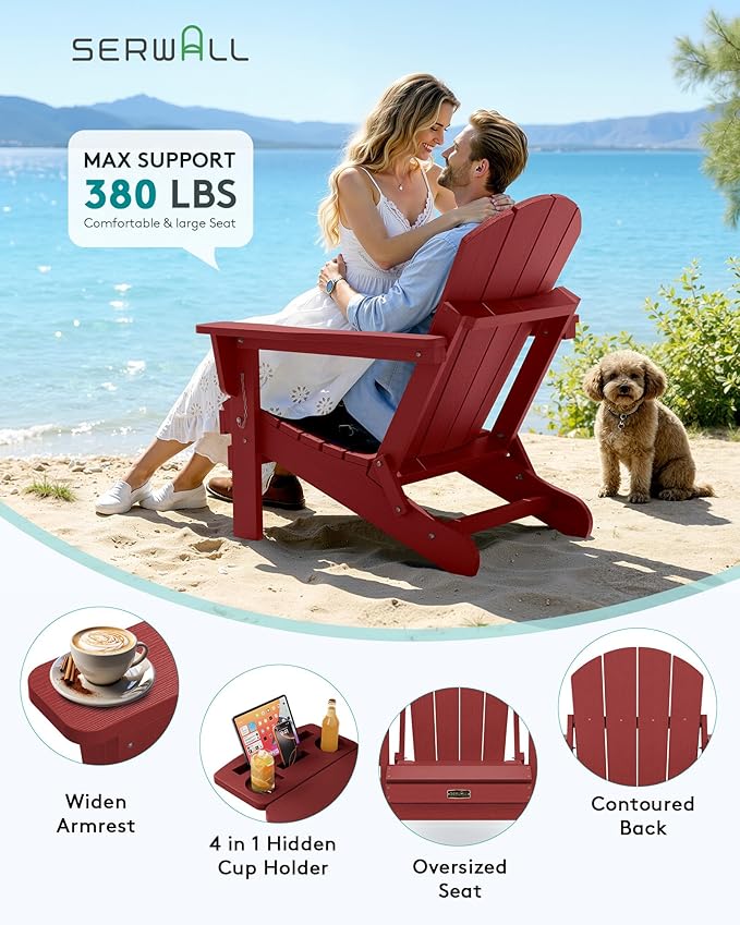 SERWALL Folding Adirondack Chair, Outdoor Adirondack Chairs with 4 in 1 Cup Holder, Wood Texture, Weather Resistant Plastic Patio Fire Pit Chairs for Garden, Backyard, Deck, Lawn - Green