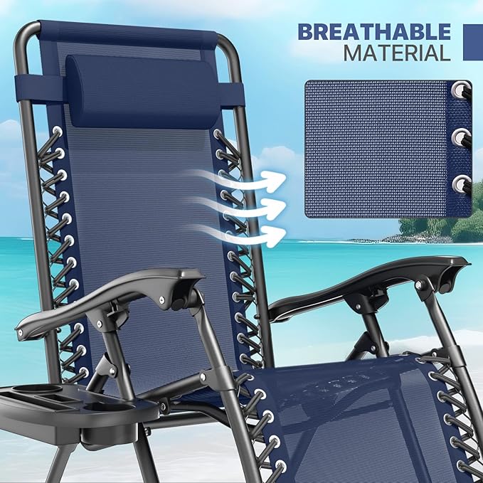 Magshion Zero Gravity Lounge Chairs Set of 2, Outdoor Patio Reclining Chair with Side Tray, Adjustable Anti-Gravity Recliners with Pillow Headrest, Folding Lounger for Lawn Camping Beach, Navy Blue