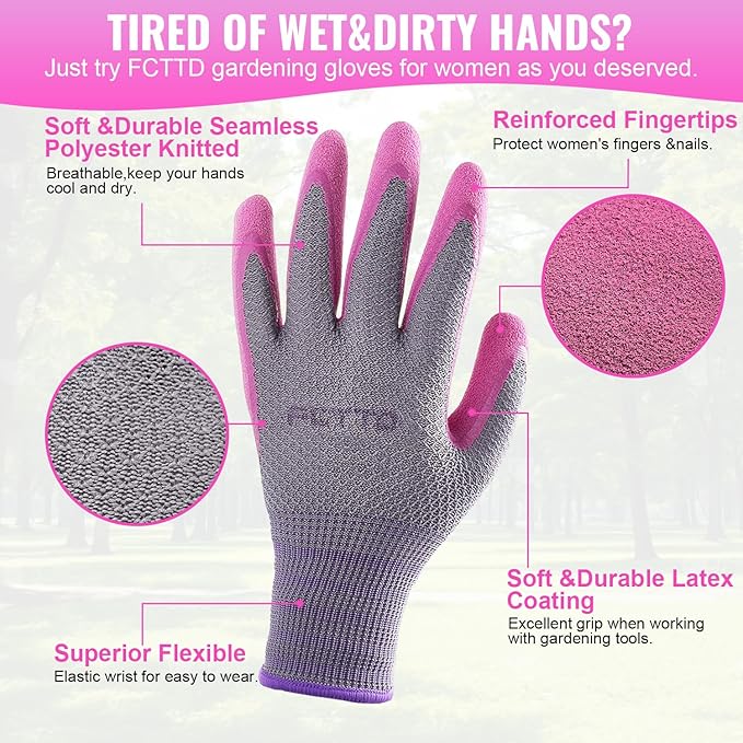 Gardening Gloves for Women 6 Pairs, Garden Gloves for Pruning Flower Rose, Weeding, Digging, Raking, Flower gloves with Rubber coating (Small, Pink)