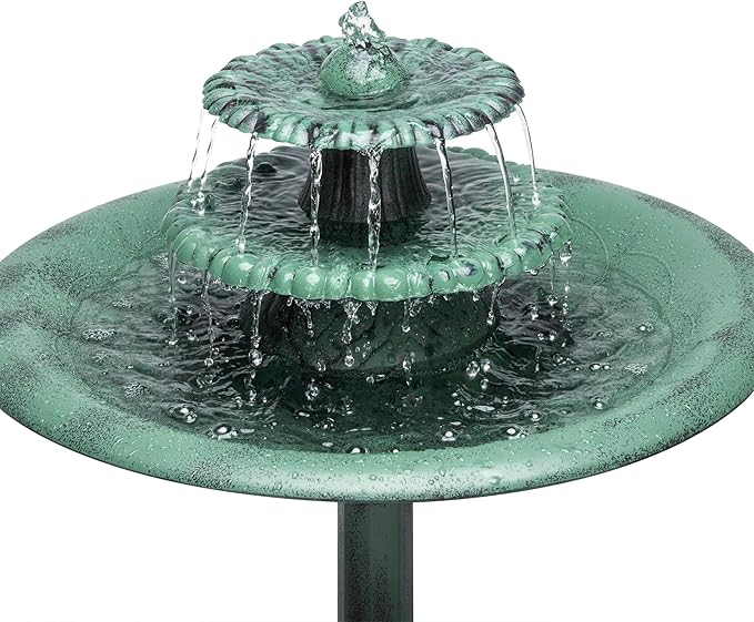 Alpine Corporation 35" Tall 3-Tier Outdoor Pedestal Water Fountain – Durable Resin Cascading Water Feature and Birdbath for Garden, Patio, Deck, and Backyard, Green