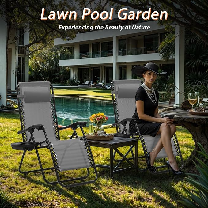 Zero Gravity Chairs, Portable Folding Reclining Lounge Chairs with Adjustable Pillow and Cup Holder Trays for Outdoor, Patio, Beach, Camping, Garden, Poolside, Gray
