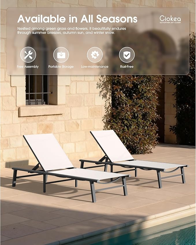 Ciokea Foldable Outdoor Lounge Chair Set of 2, No Assembly Aluminum Chaise Lounge Outdoor with 5 Adjustable Positions, Pool Lounge Chairs with Portable Design for Pool, Beach, Deck, Patio, White