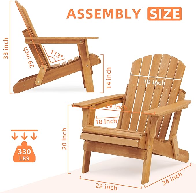 Oversized Wooden Folding Adirondack Chair with Pre-Assembled Backrest and Seat Board, Lounge Chair for Outdoor Patio Garden Lawn Backyard Firepit Deck Pool Beach