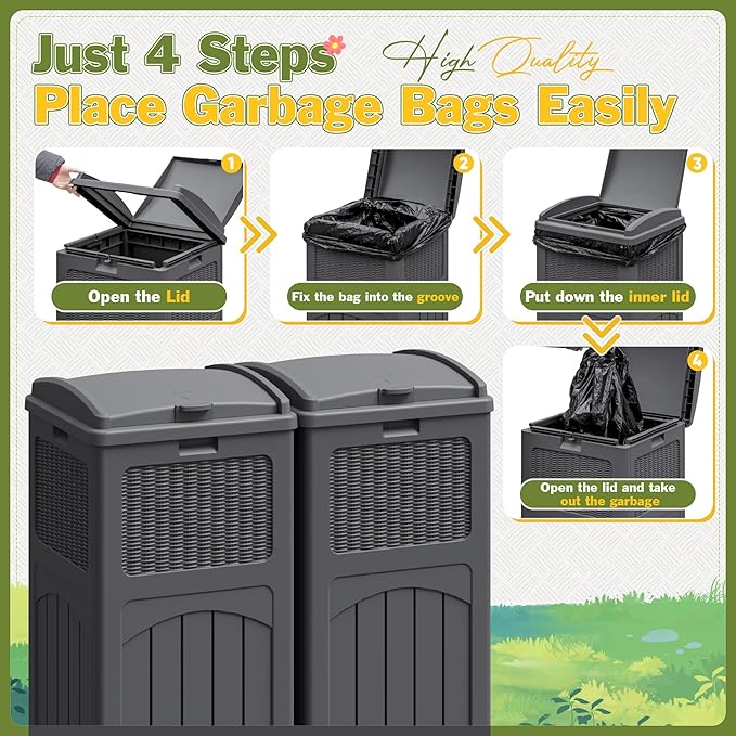 Greesum 33 Gallon Outdoor Trash Can with Lid, Waterproof Resin Garbage Bin for Hideaway, Deck, Patio, 2 Pack, Gray