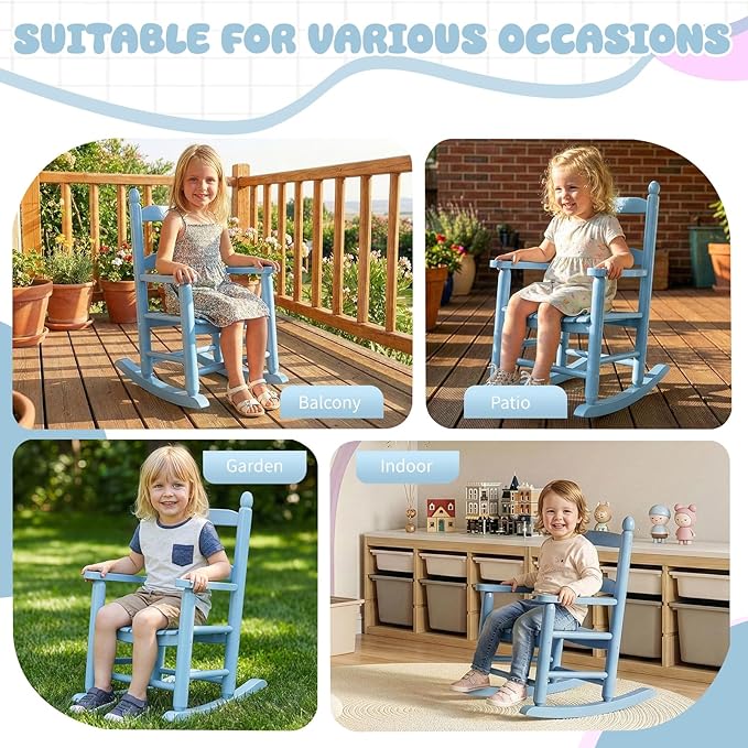 Outvita Kids Rocking Chair, Ergonomic Sturdy Toddler Rocking Chair with High Backrest & Rounded Armrests, Safe Solid Wood Baby Rocker Chair for Age 3-6, Outdoor,Living Room, Reading Room(Blue)