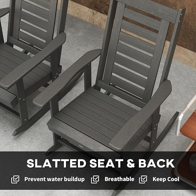 Outsunny Outdoor Rocking Chairs Set of 2, HDPE Patio Rocking Chairs with 28" High Back and Wide Armrests, All-Weather Slatted Porch Rockers for Garden, Balcony, Fire Pit, Dark Gray