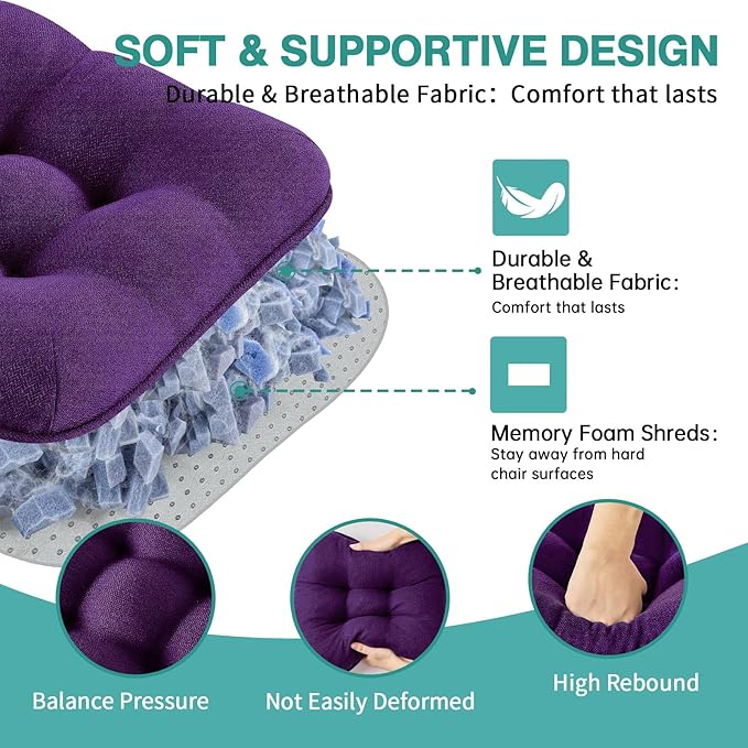 BETU Chair Cushions for Dining Chairs Set of 4,3.5" Thick Kitchen Table Chair Pads with Ties,Non Slip Backing and Covers, Seat Cushion for Dining Room,Bar,Patio Chairs,16"X16"X3.5",Dark Purple