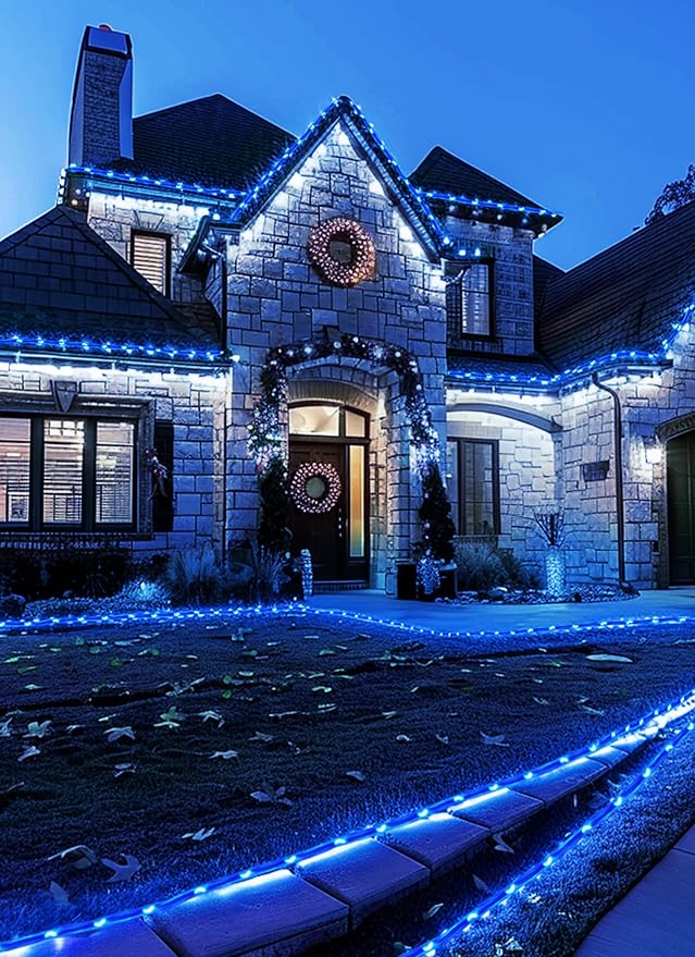 Brightown Solar Christmas Lights Outdoor Waterproof, 2 Pack Total 78FT 200 LED Solar Rope Lights with 8 Modes, Christmas Outdoor Decoration, Solar String Lights for Outside House Tree Halloween, Blue