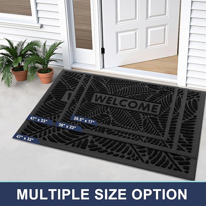 Smiry Welcome Mat Indoor Outdoor, All-Season Waterproof Front Door Mat, Sturdy Natural Rubber Doormat, Non-Slip, Easy Clean, Low Profile Dirt Trapper for Porch Patio Entrance, 47x23, Black