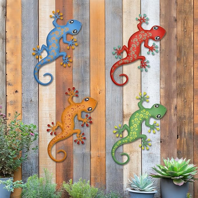 4 Pcs Metal Gecko Outdoor Decorations - Metal Wall Art Hanging Sculpture Decoration for Garden Yard Fence Porch Wall Decor, Gift for Mom Friends