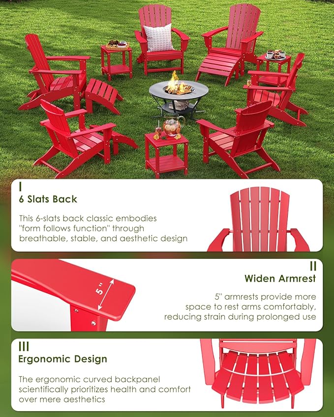 GREENVINES Adirondack Chairs Set of 2 | HDPE Plastic | Oversized Fire Pit Chair | All Weather | Red | Poly Lumber | for Outdoor Deck Backyard Patio Garden