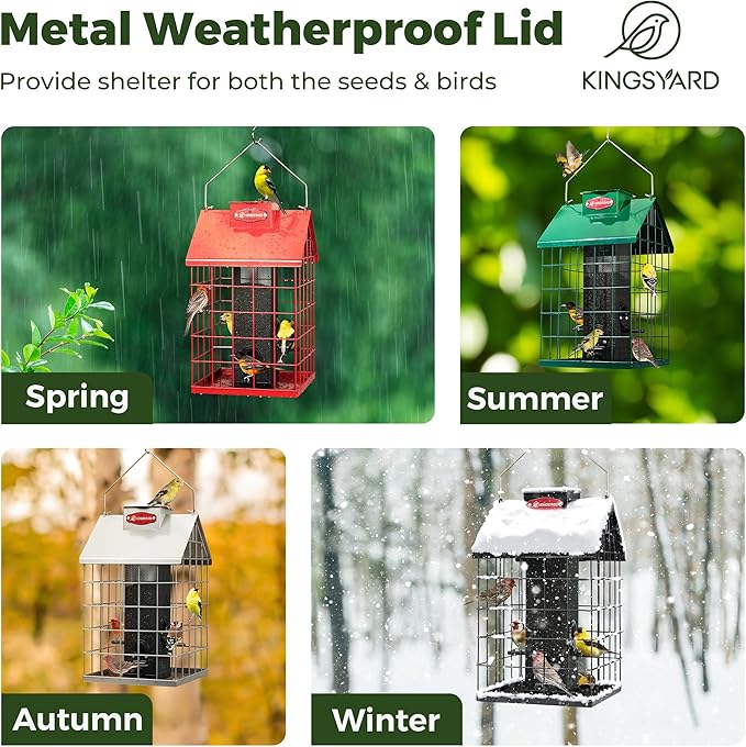 Kingsyard Squirrel Proof Caged Bird Feeder for Outdoor Hanging - Weatherproof Metal Mesh Tube Finch Bird Feeder with 4 Ports for Nyjer/Thistle Seed, Small Birds Goldfinches, Chickadees, Red