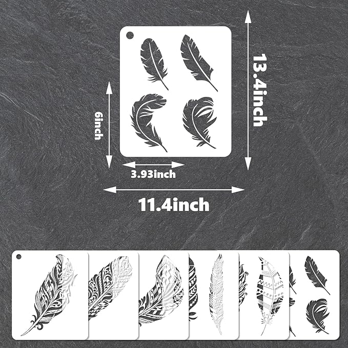YKW Feather Stencils for Painting, 6 Pack Reusable Boho Feather Templates, DIY Art Supplies for Wall Decor, Fabric, Wood, Canvas - Tribal Bohemian Craft Stencil Set,Mandala Style Fusion
