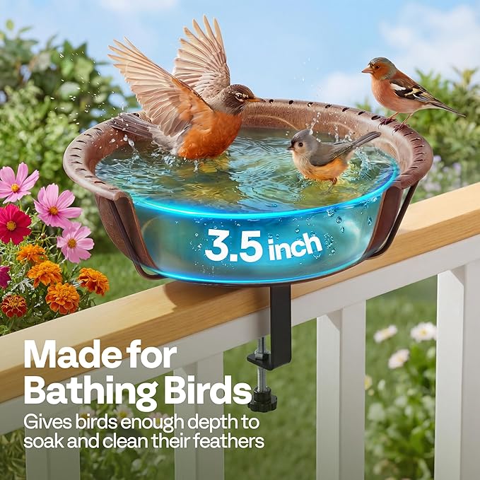 VIVOHOME Deck Mounted Bird Bath for Outside, Weather-Resistant ABS Bird Bath and Feeder with Adjustable Metal Clamp for Railing, Fence, Balcony, 1.45 Gallons, Bronze