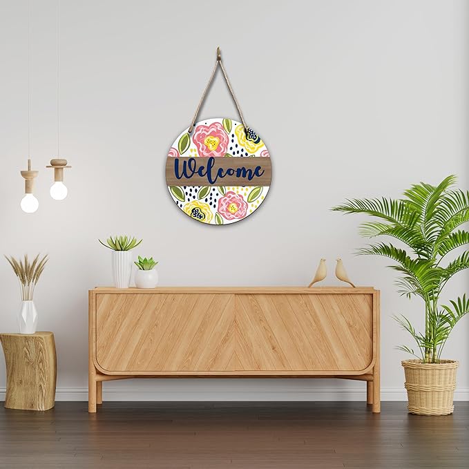 Spring Hanging Decor For Front Door, Colorful Floral Welcome Spring Round Sign Decor For Farmhouse Home Yard Porch, Hello Spring Decorations, Spring Wall Plaque Gifts For Friends Family -07