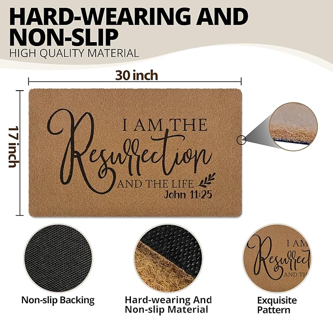 Christian Easter Door Mat, I Am The Resurrection Bible Verse Welcome Front Door Mat Indoor Outdoor Entrance, Religious Christian Artificial Coir Doormats Rugs for Porch Entryway Decor 30x17in