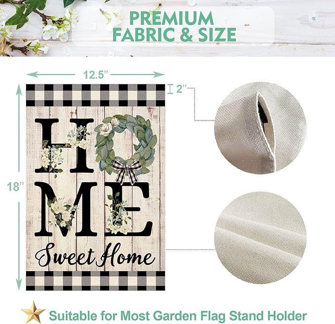 ORTIGIA Home Sweet Home Magnolia Garden Flag Double Sided 12.5x18 Inch Spring Summer Buffalo Plaid Check Small Yard Flag Burlap Vertical Farmhouse Rustic Outside Outdoor Lawn Patio Decor