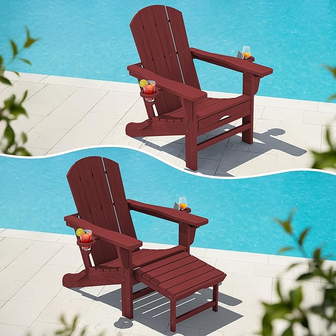 KINGYES Folding Adjustable Adirondack Chair with Ottoman & 2 Cup Holders, HDPE Adirondack Recliner Chair with Footrest, Red