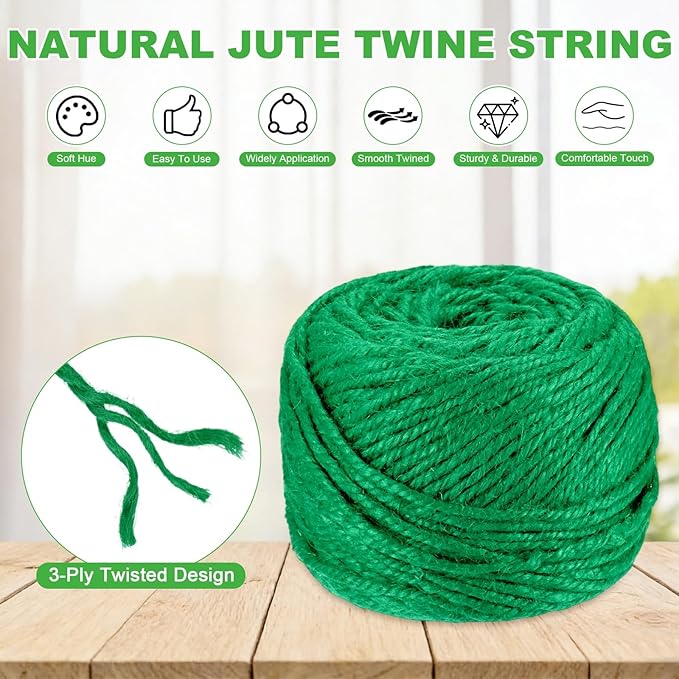 1-Pack Natural Jute Twine String, 3mm x 328ft/100m Long Garden Twine Balls for Crafts/Gift Wrapping/Gardening Plants, Durable Plant Ties Thick Rope [Green]