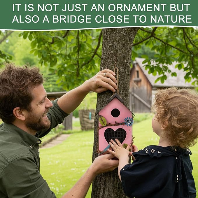 2 Pcs Decorative Birdhouse for Yard Outside Hanging Wooden Birdhouse Hand Painted Bird Box for Bird Lovers Bluebird Tree Swallow Wild Chickadee Garden Decor(Pink,Yellow,Iron Roof)
