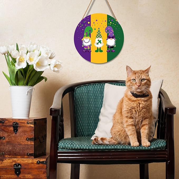 Mardi Gras Gnomes Door Sign For Front Door Decor,Purple Yellow Green Dot Wooden Sign 12"x 12" Round Wood Hanging Door Sign Decoration for Wall Rustic Farmhouse Decor
