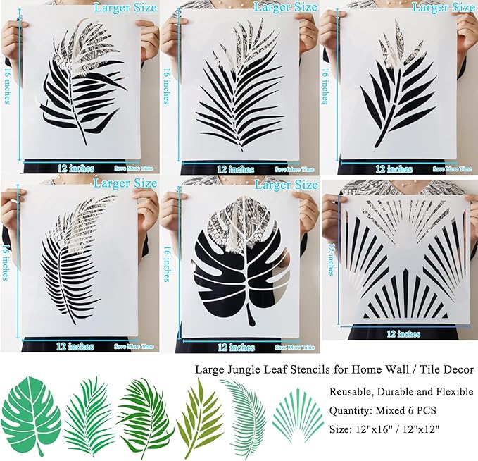 6 Large Tropical Jungle Leaf Stencils Set - 16 x 12 Inch, Reusable Palm & Fern Leaf Stencils for Painting on Walls, Floors, Garden Fence, Furniture, Canvas, Wood, Home Wall Decor & DIY Art Crafts