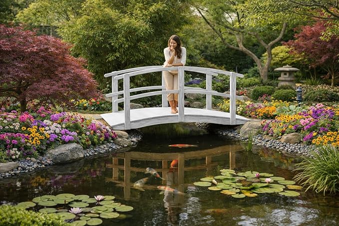 6 FT White Amish Made Garden Bridge with Double Rails for Walkway, Backyard Pond & Landscaping, Outdoor Wooden Footbridge for Koi Pond, Japanese Style Decorative Bridge, Made in USA