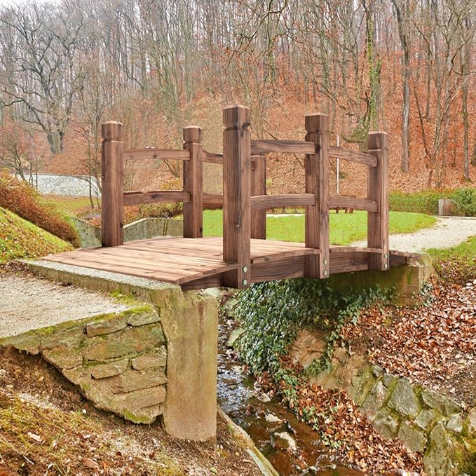 S AFSTAR Wooden Garden Bridge, 5FT Stain Finished Arch Footbridge with Safety Rails for Garden Patio Yard, Outdoor Pond Bridge & Wishing Well Planter Set