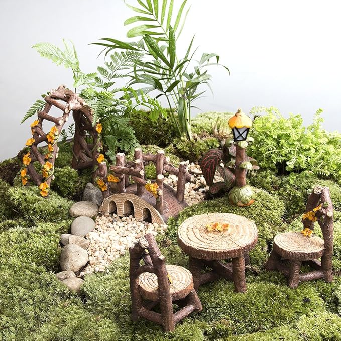 Fairy Garden Accessories, LATTOOK 8PCS Miniature Table and Chairs Set Fairy Garden Furniture Ornaments Kit for Home Outdoor Micro Landscape Decoration