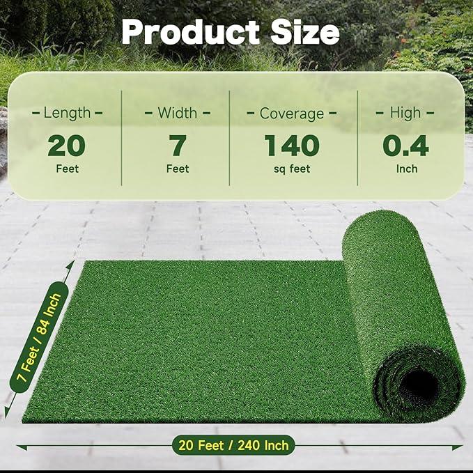 7 FT x 20 FT Artificial Grass Turf 8 PCS - 0.4" Pile Height Extra Large Realistic Fake Grass Rolls with Drainage Holes, Outdoor Landscape Lawn Carpet Rug for Patio, Balcony