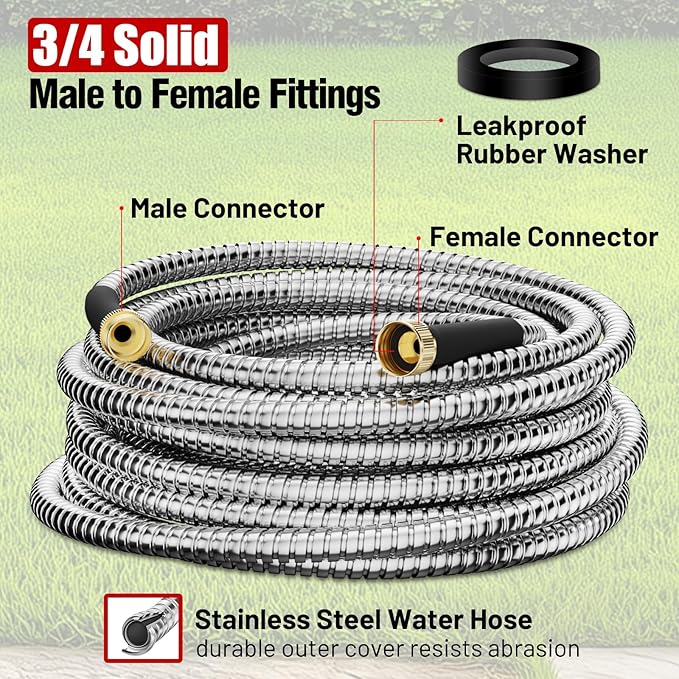 100 ft Garden Hose, Stainless Steel Metal Water Hose with Nozzle, Flexible and Durable, Rust Proof, No-Kink, Heavy Duty, Leakproof 3/4'' Brass Fittings, Lightweight Hose for Patio, Lawn