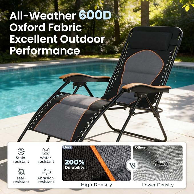 PHI VILLA XXL Oversized Padded Zero Gravity Chair Set of 2, Foldable Patio Recliner, 30" Wide Seat Anti Gravity Lounger with Armrest and Cup Holder, Support 400 LBS (Black & Orange Accents)