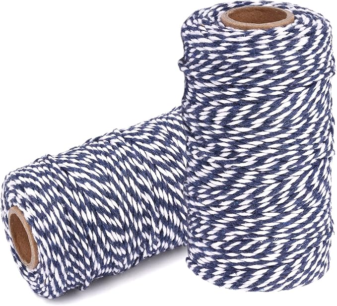 Cotton Twine String Bakers Rope: 2 Roll Twines for Crafts Gift Wrapping - 656 Feet Dark Blue White Twine for Kitchen Cooking
