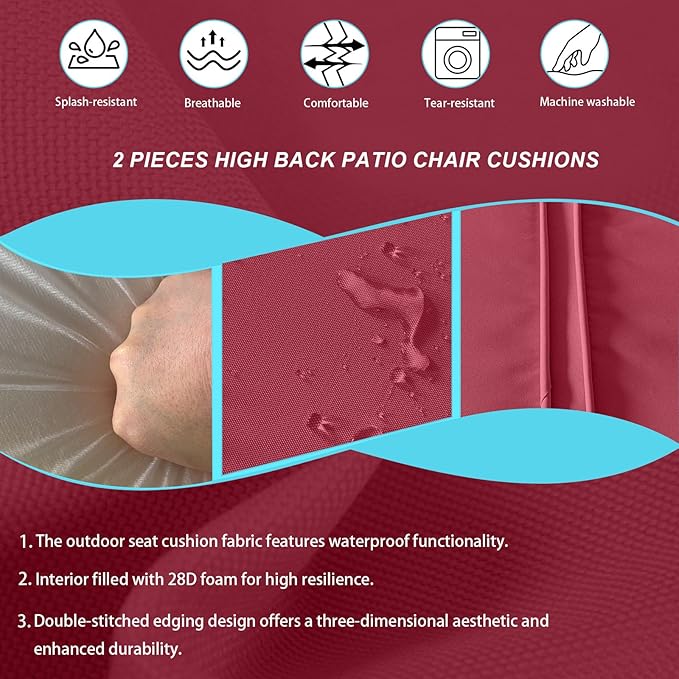 2 Pieces High Back Patio Chair Cushions, Fade Resistant Outdoor Rocking Chair Cushions, Office Chair Back Support Cushion (Burgundy, Seat (21''x21''x3'')+Backrest (21''x28''x3''))