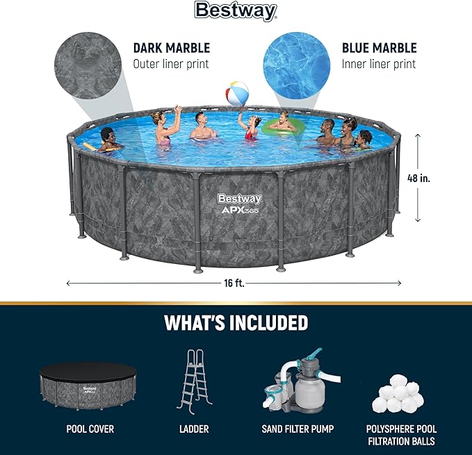 Bestway APX 365 16' x 48" Above Ground Pool, Round Metal Frame Outdoor Swimming Pool Set with Sand Filter Pump, Ladder, and Cover, Dark Marble